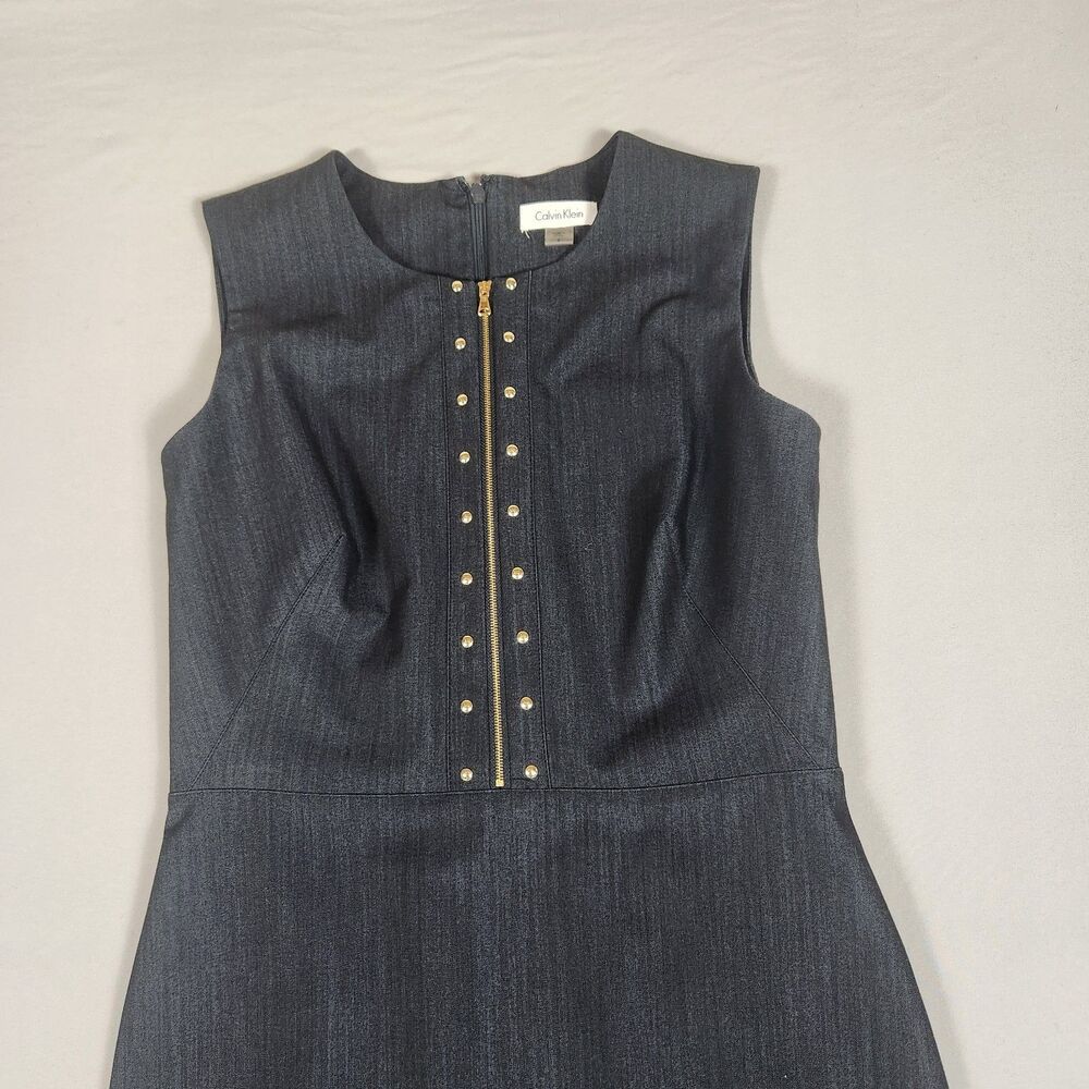 Calvin Klein Denim Sheath Dress Gold Zip Studded Size 6 Stretch - Picture 2 of 8